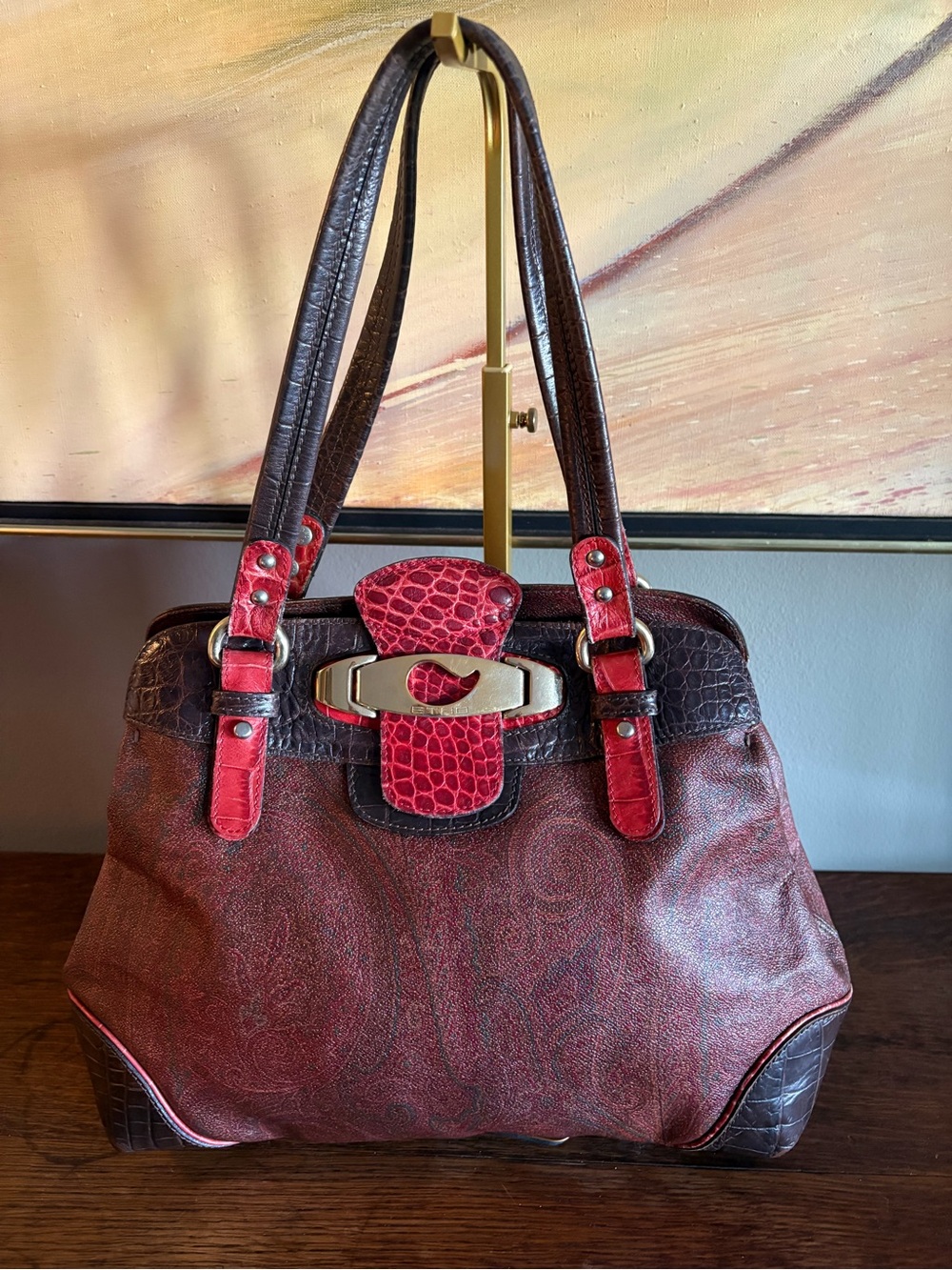 Vintage ETRO Paisley Tote Bag Red Croc Embossed Leather Silver Hardware